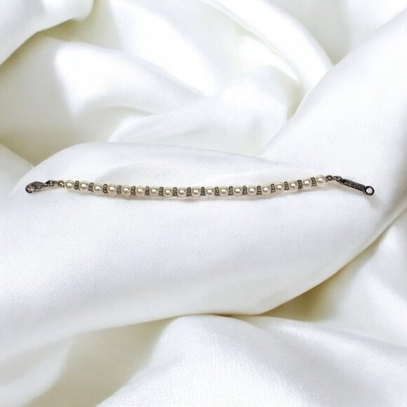 Vintage Napier Signed Round Faux Pearl & Silver Spacer Beaded Tennis Bracelet 7" - Picture 7 of 7
